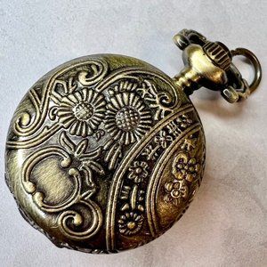 Brass Tone Etched Pocket Watch Locket Pendant Antique Style